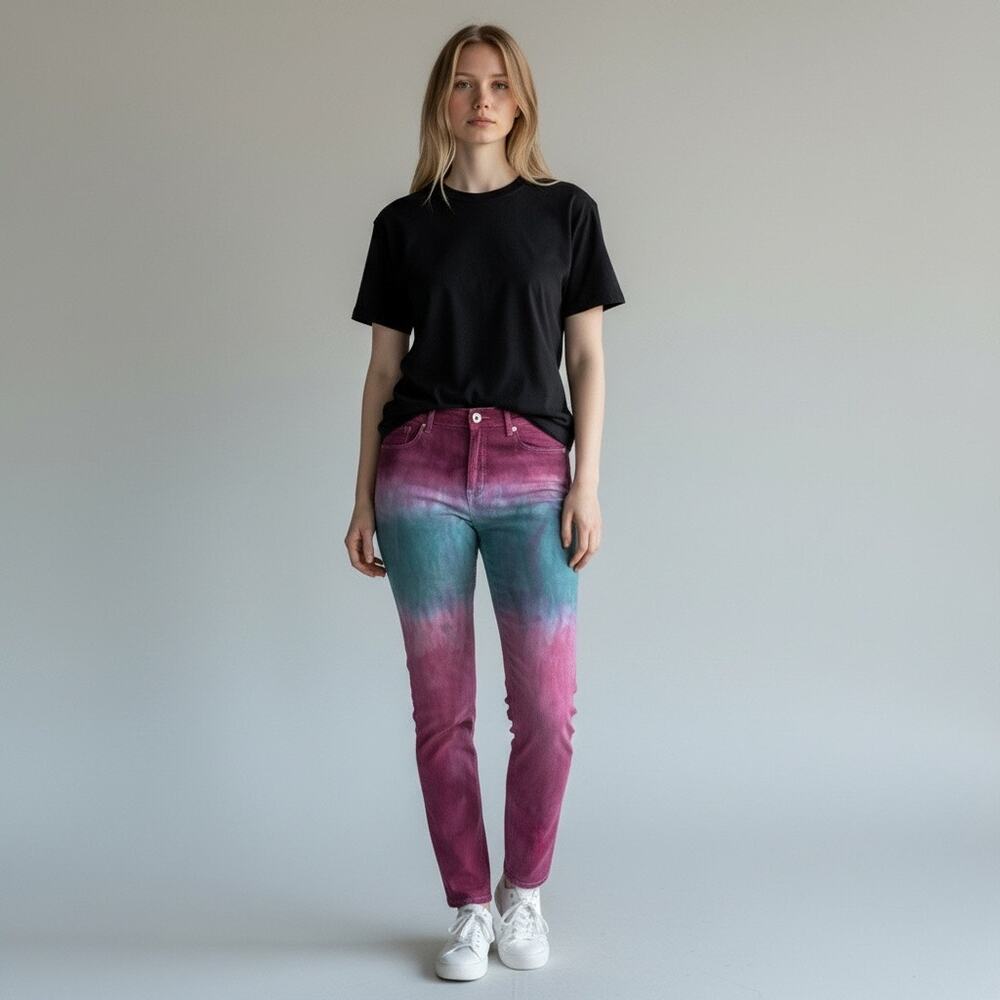 Hand-Dyed Reworked Purple, Teal, and Pink Dip-Dyed Stretch Skinny Jeans Size 8